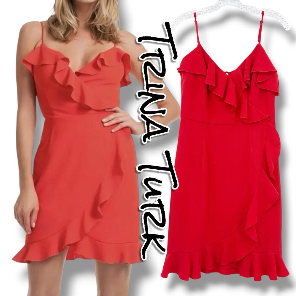 Trina Turk Reese Poppy Red Ruffle Faux Wrap Mini Dress Size 4 Party Cocktail